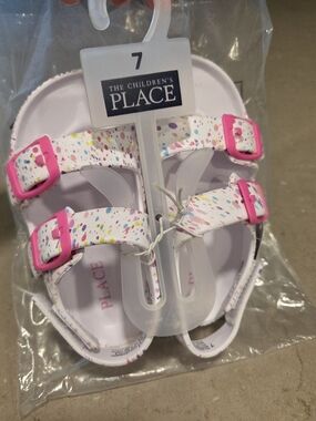The Children's Place White Sandals with Pink Buckles and Multicolor Confetti